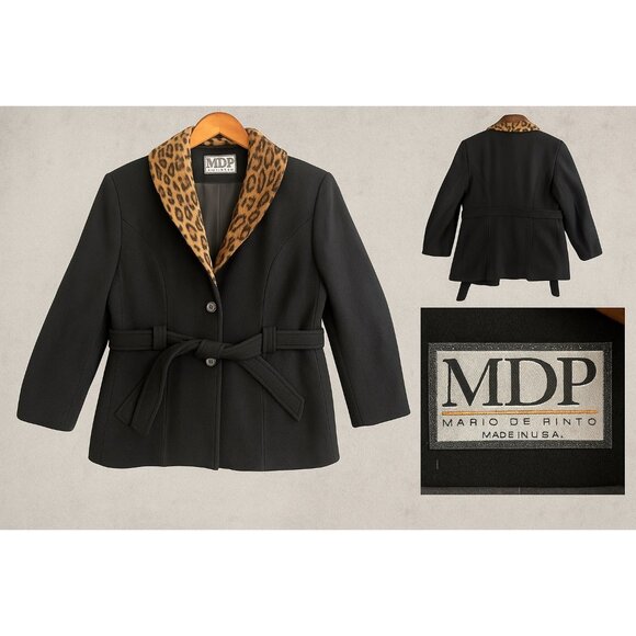 Vintage MDP Mario De Pinto Coat Womens Large Black Wool Leopard Collar Belted US - Picture 1 of 15
